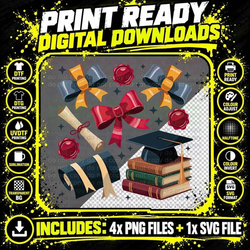 Colorful Bows Seals Books Diploma Graduation T-Shirt Png SVG Digital Bundle