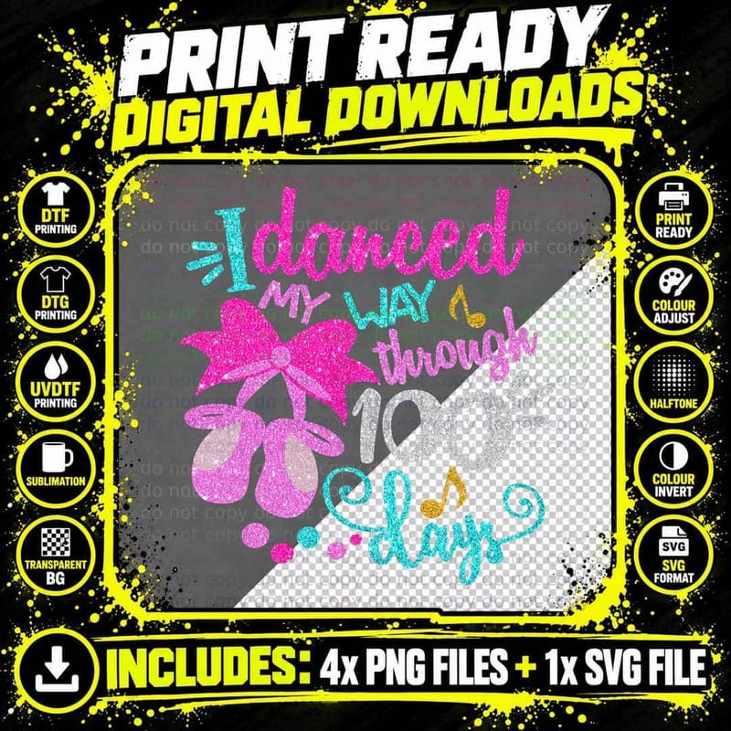 Dancer's 100 Days Celebration T-Shirt, Dance Party Style Png SVG Digital Bundle