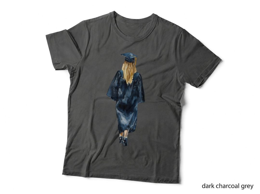 Dark Blue Gown Back View Cap Graduation T-Shirt, Senior Grad Graphic Tee