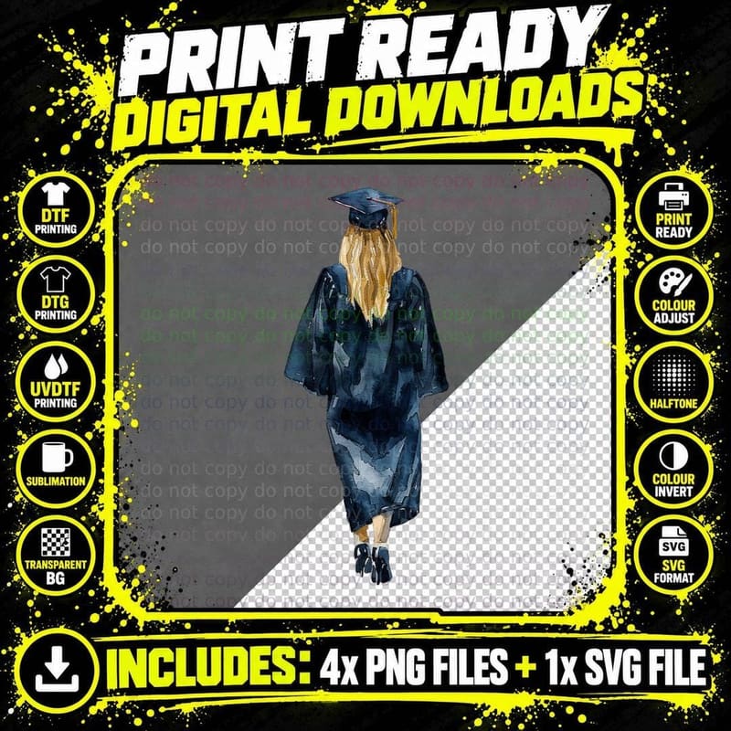 Dark Blue Gown Back View Cap Graduation T-Shirt Png SVG Digital Bundle