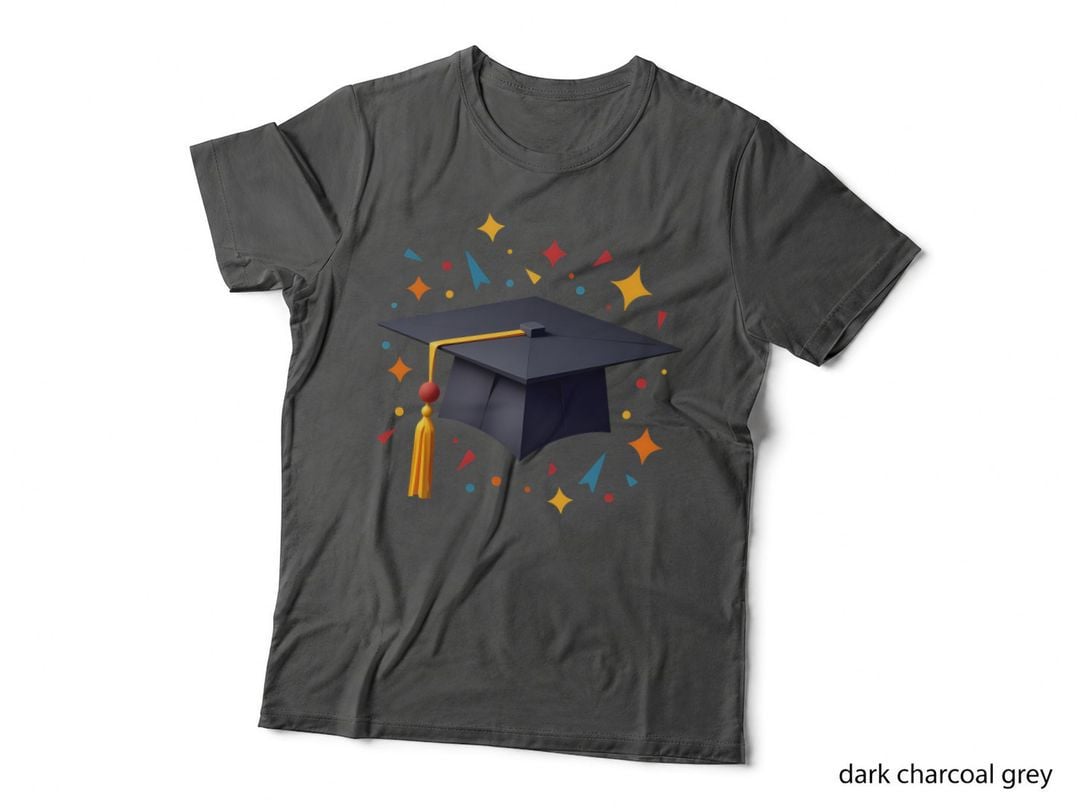 Dark Blue Graduation Cap Gold Tassel Circular Colorful Shapes Red Orange T-Shirt