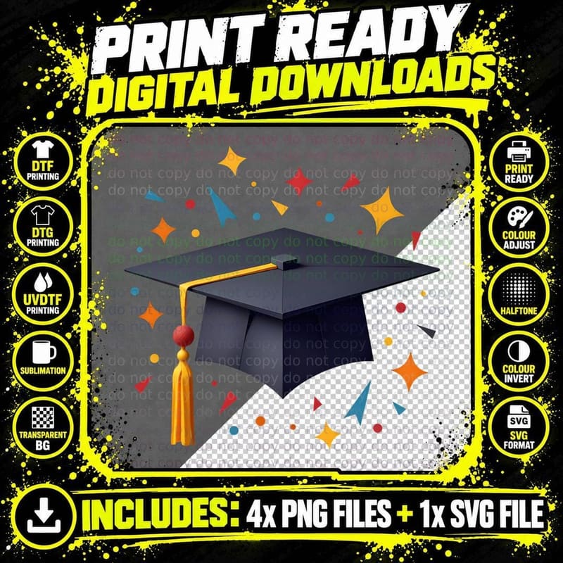 Dark Blue Graduation Cap Gold Tassel Circular Colorful Png SVG Digital Bundle