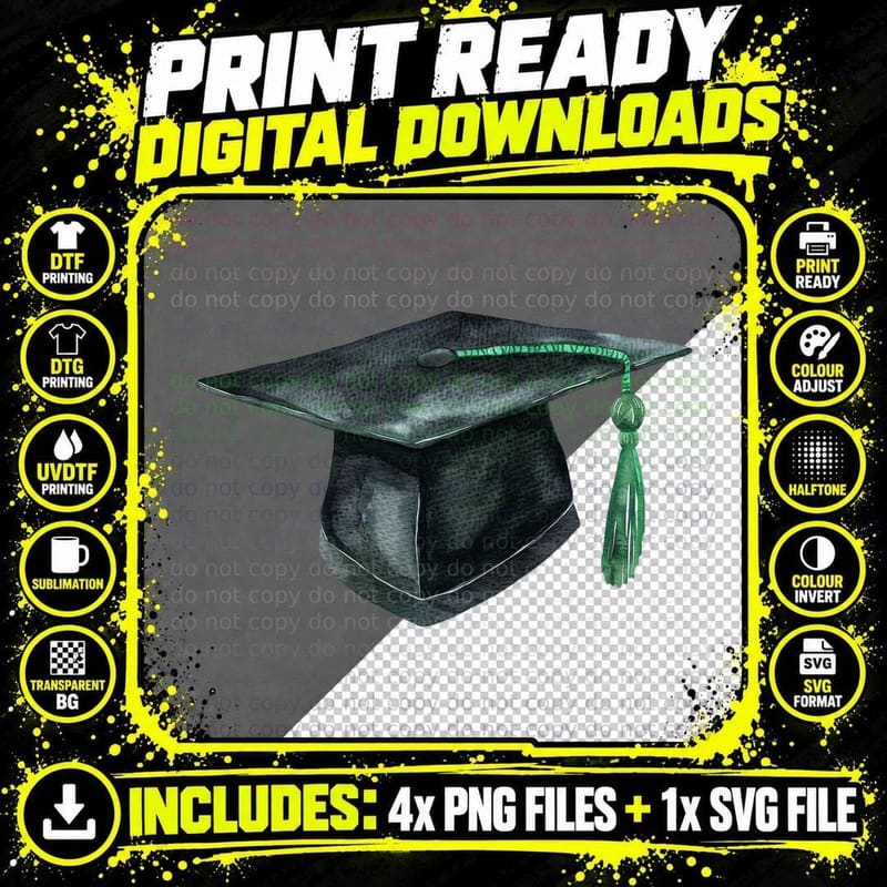 Dark Grad Cap with Green Tassel Graduation T-Shirt Png SVG Digital Bundle