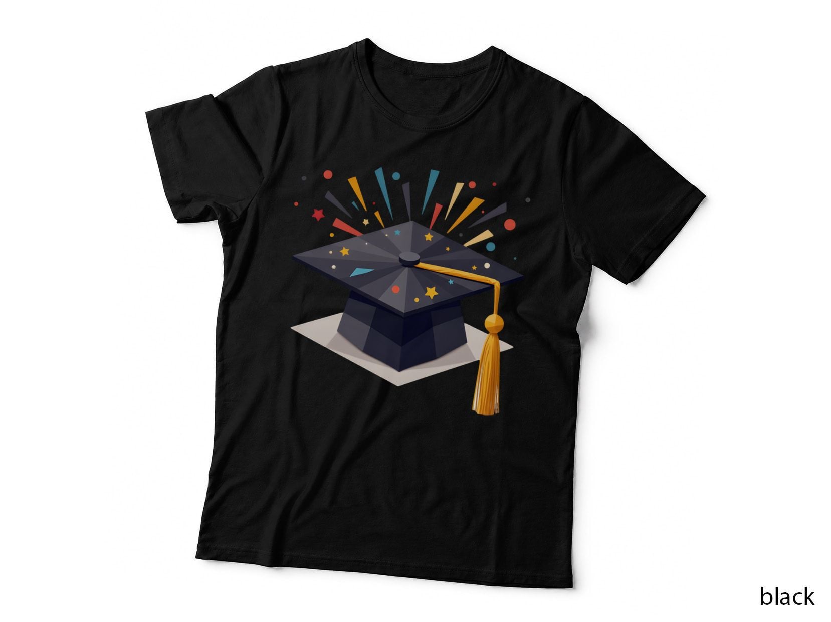 Dark Grey Graduation Cap Golden Tassel Multicolored Stars & Dots T-Shirt