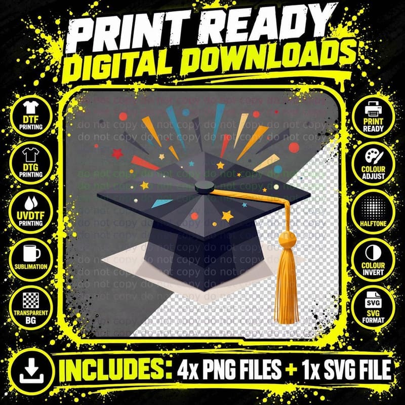 Dark Grey Graduation Cap Golden Tassel Multicolored Png SVG Digital Bundle