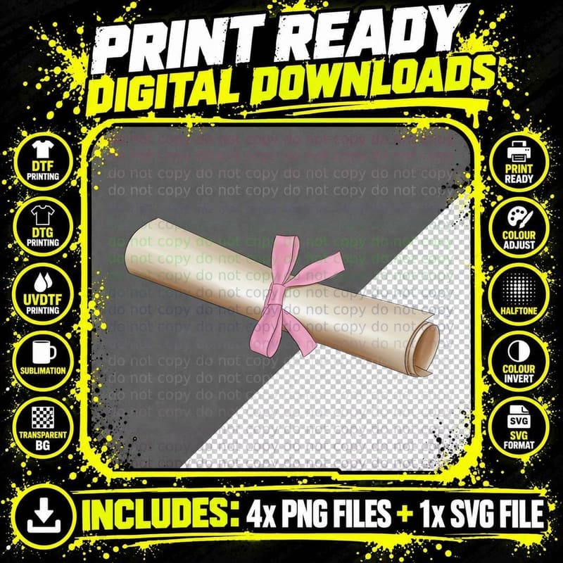 Diploma Scroll Pink Bow Graduation T-Shirt Png SVG Digital Bundle
