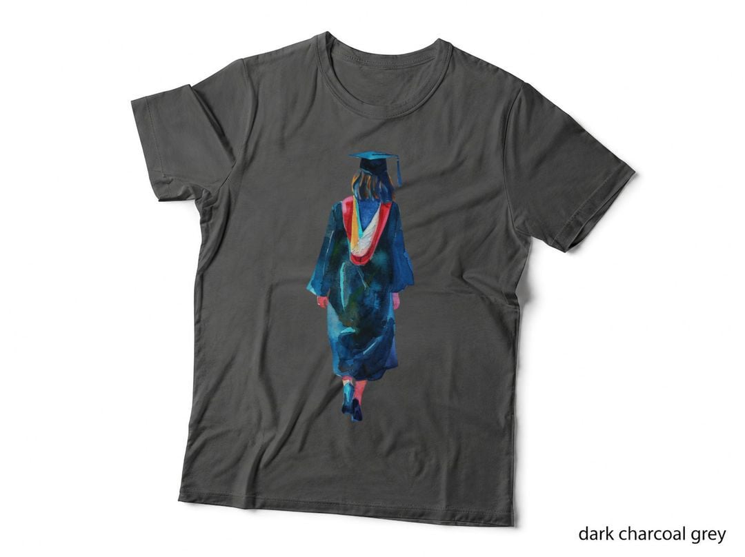 Female Grad Rear Blue Robe Rainbow Graduation T-Shirt, Senior Grad Graphic Tee