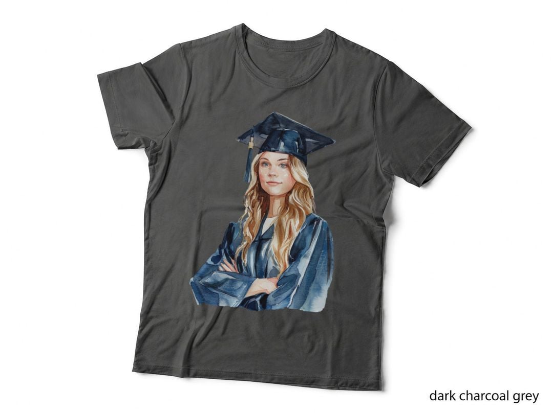 Female Graduate Blue Robe Graduation T-Shirt, Senior Grad Graphic Tee