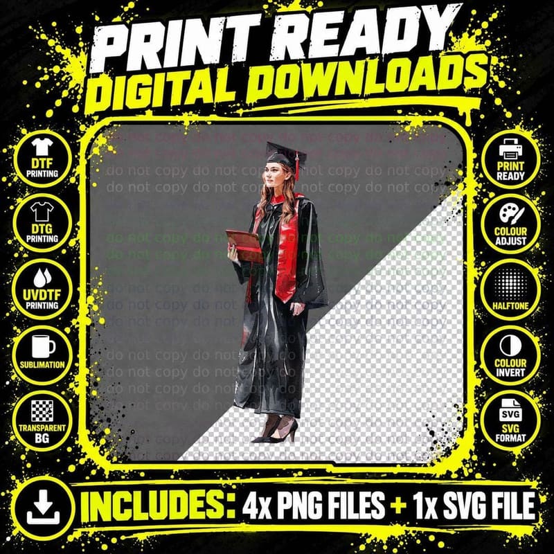 Female Robe Red Stole Diploma Graduation T-Shirt Png SVG Digital Bundle