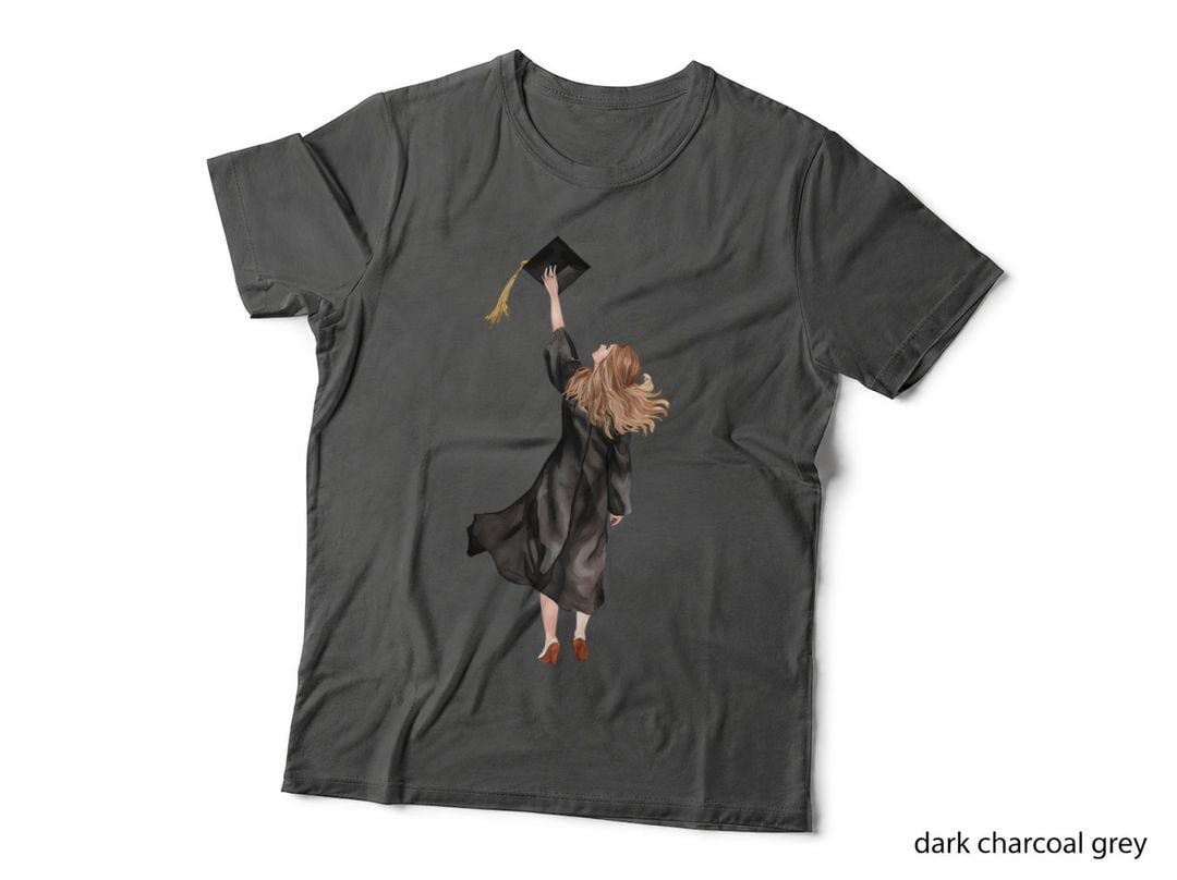 Female Throwing Cap in Motion Graduation T-Shirt, Senior Grad Graphic Tee