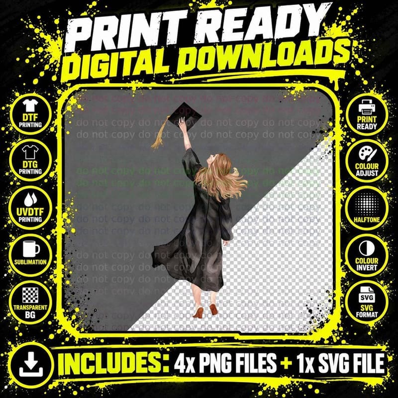 Female Throwing Cap in Motion Graduation T-Shirt Png SVG Digital Bundle