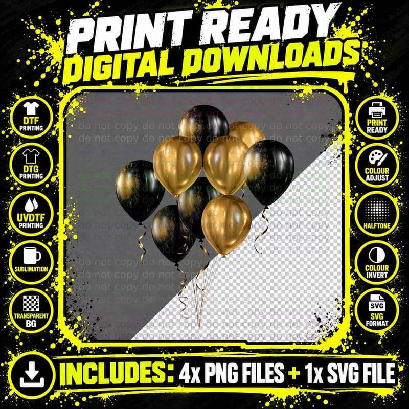 Gold Black Balloons with Ribbons Graduation T-Shirt Png SVG Digital Bundle