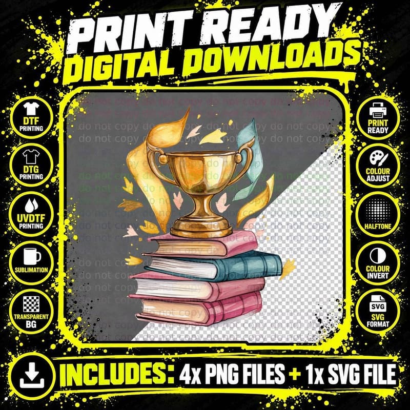 Gold Trophy on Stacked Books Graduation T-Shirt Png SVG Digital Bundle