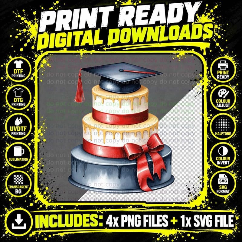 Gold and Red Tiered Cake Cap Graduation T-Shirt Png SVG Digital Bundle