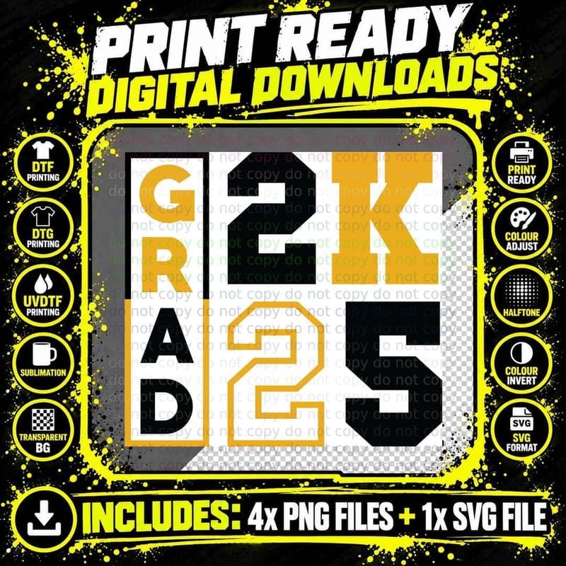 Grad 2k25 Graduation T-Shirt, Gold Large Year Numbers Png SVG Digital Bundle