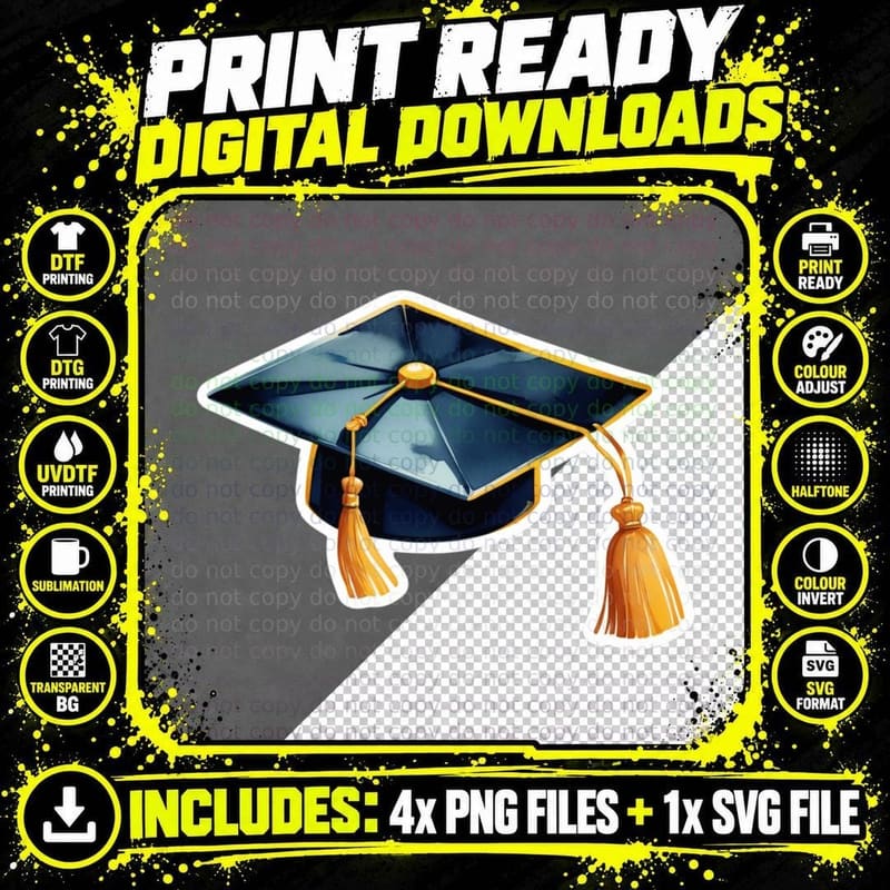 Grad Cap Blue Gold Tassel Sticker Graduation T-Shirt Png SVG Digital Bundle