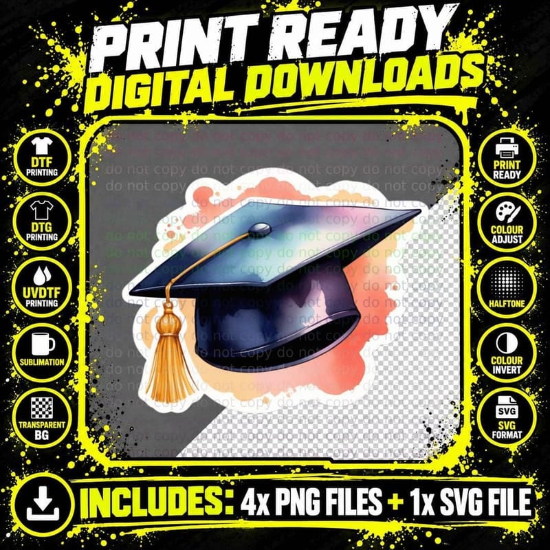 Grad Cap Gold Tassel Watercolor Graduation T-Shirt Png SVG Digital Bundle