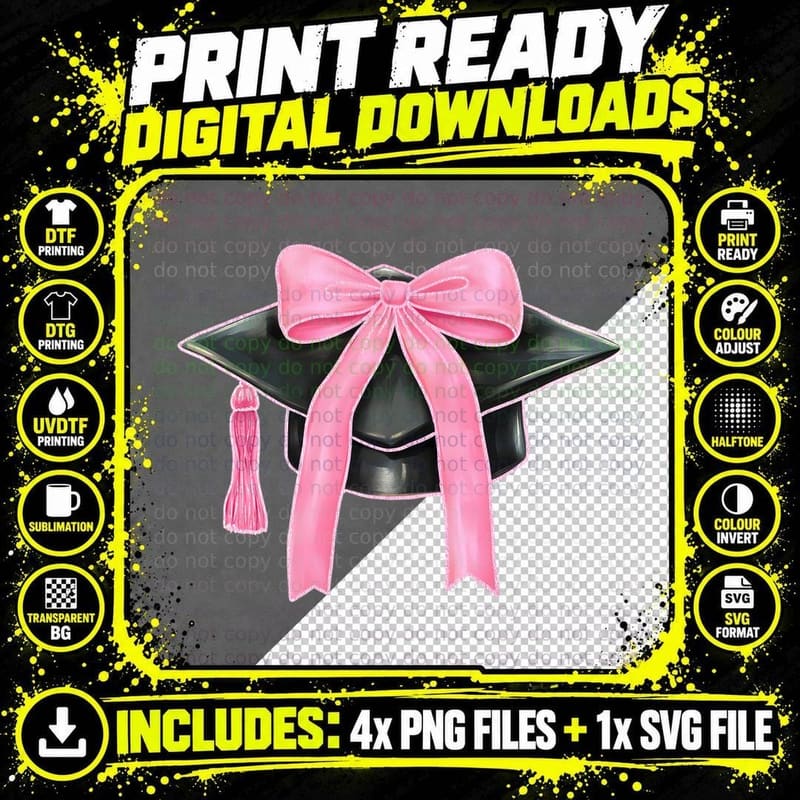 Grad Cap Pink Bow Tassel Graduation T-Shirt Png SVG Digital Bundle