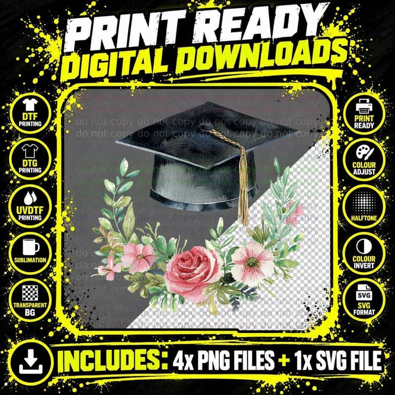 Grad Cap Surrounded by Pink Roses Graduation T-Shirt Png SVG Digital Bundle