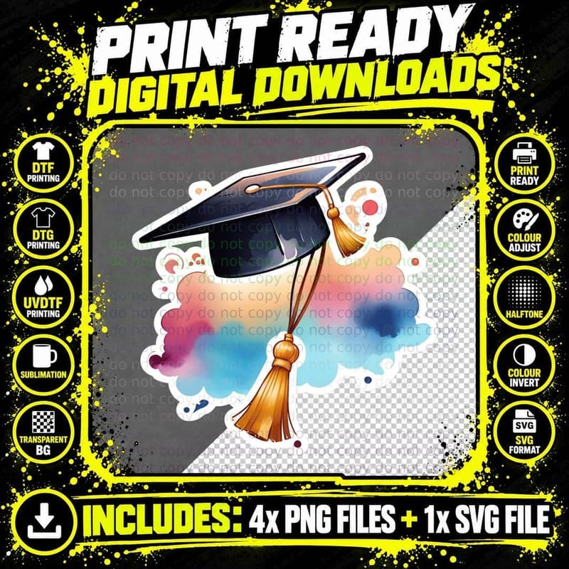 Grad Cap Tassel Rainbow Clouds Graduation T-Shirt Png SVG Digital Bundle