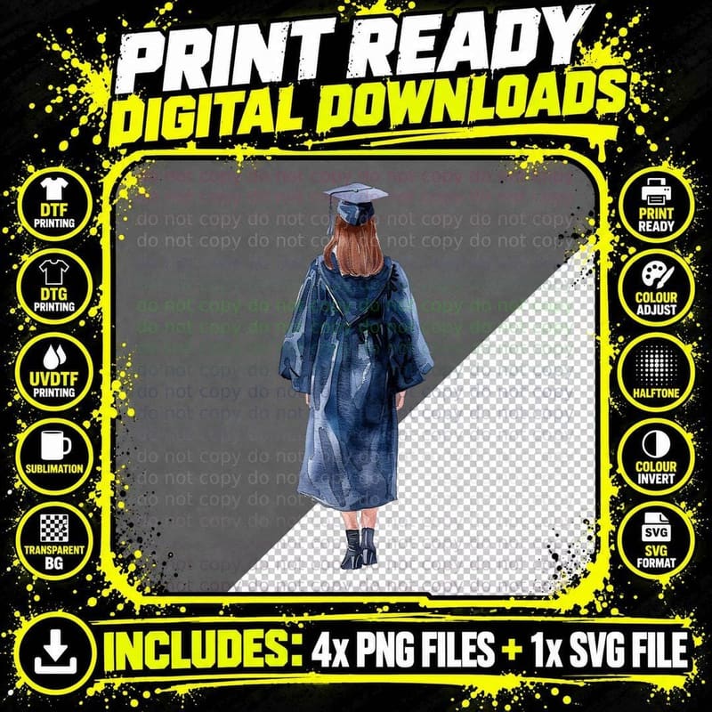 Grad Cap Watercolor Background Wash Graduation T-Shirt Png SVG Digital Bundle