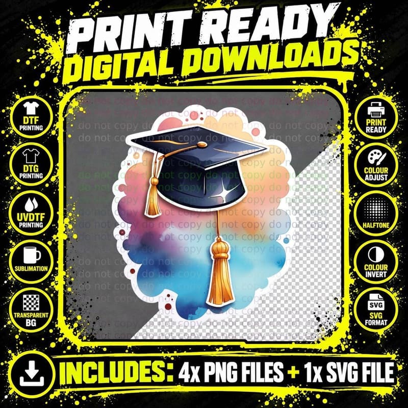 Grad Cap Watercolor Cloud Background Graduation T-Shirt Png SVG Digital Bundle