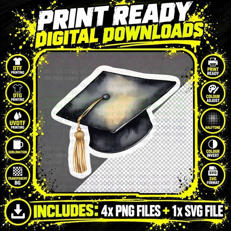 Grad Cap Watercolor Sticker Design Graduation T-Shirt Png SVG Digital Bundle