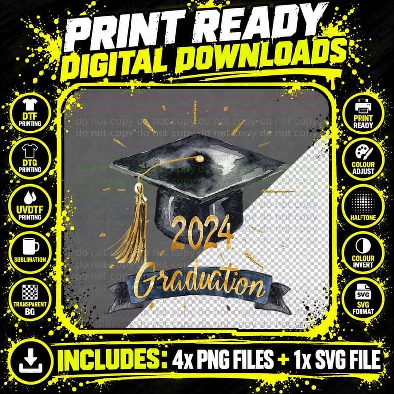 Grad Cap with Colorful Splatter Paint Graduation T-Shirt Png SVG Digital Bundle