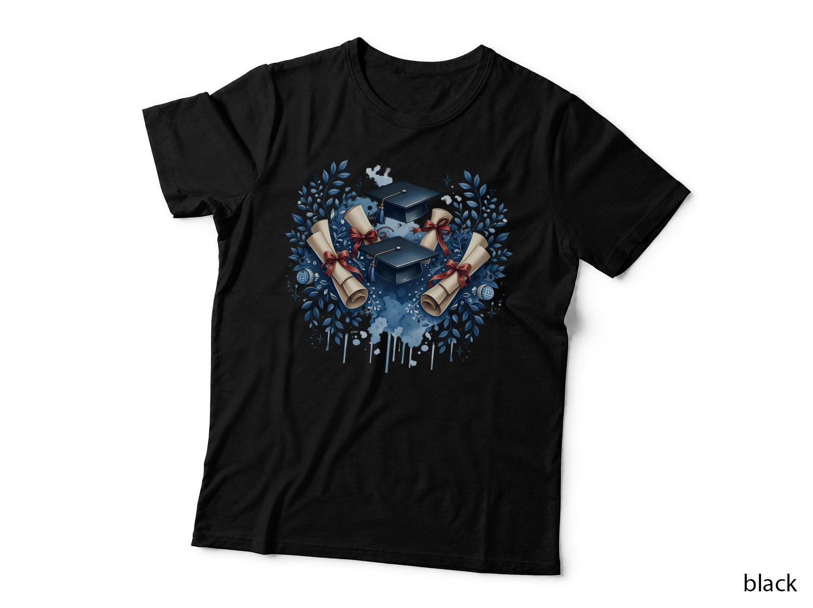 Grad Caps Diplomas Blue Leafy Graduation T-Shirt, Senior Grad Graphic Tee