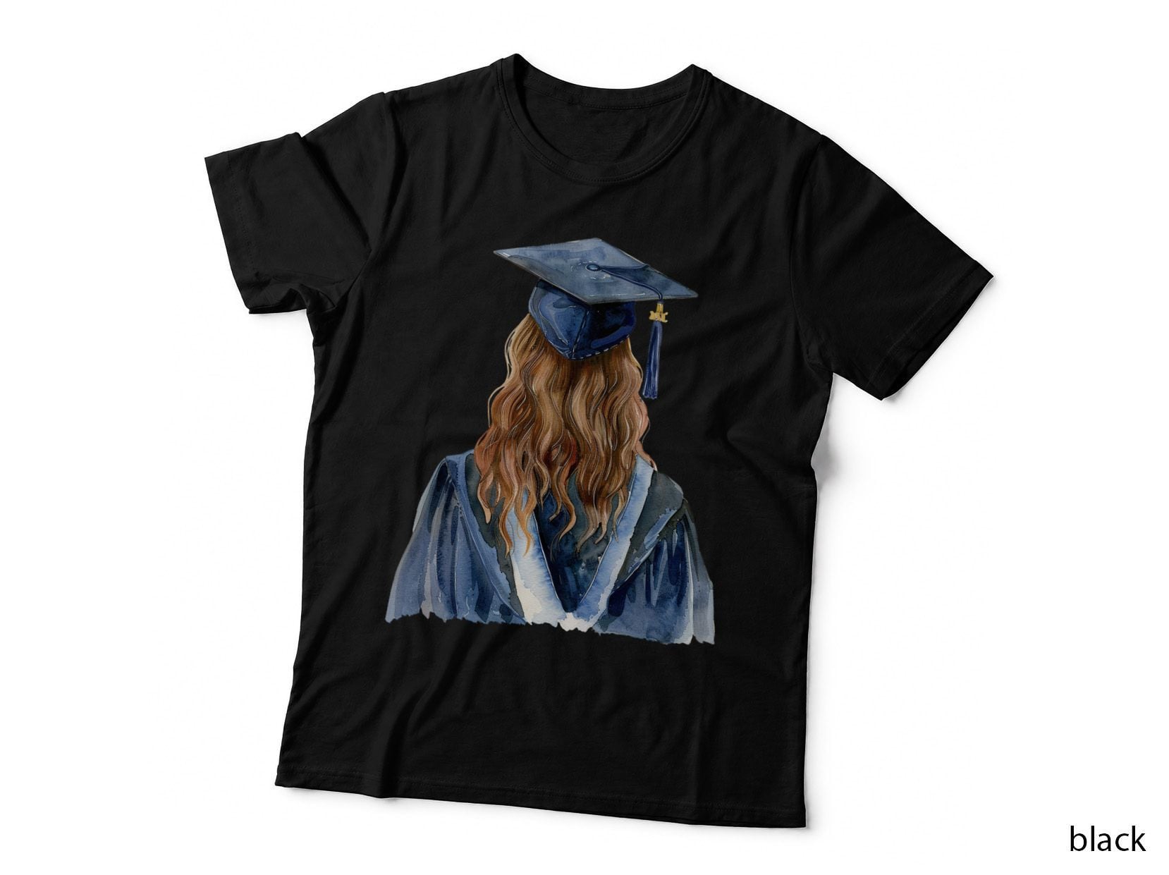 Graduate Robe Back Wavy Hair Graduation T-Shirt, Senior Grad Graphic Tee