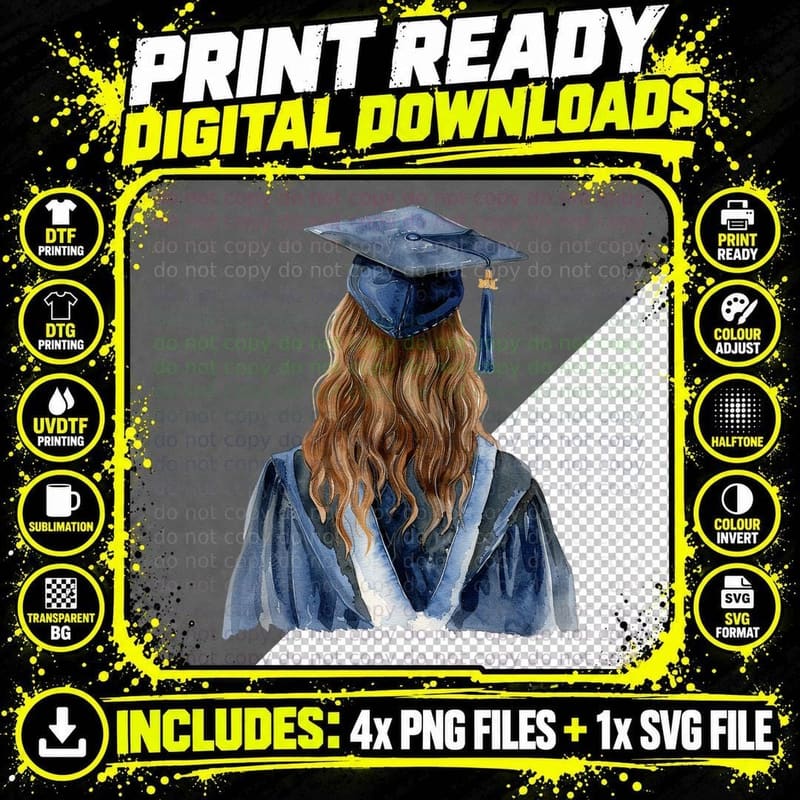 Graduate Robe Back Wavy Hair Graduation T-Shirt Png SVG Digital Bundle