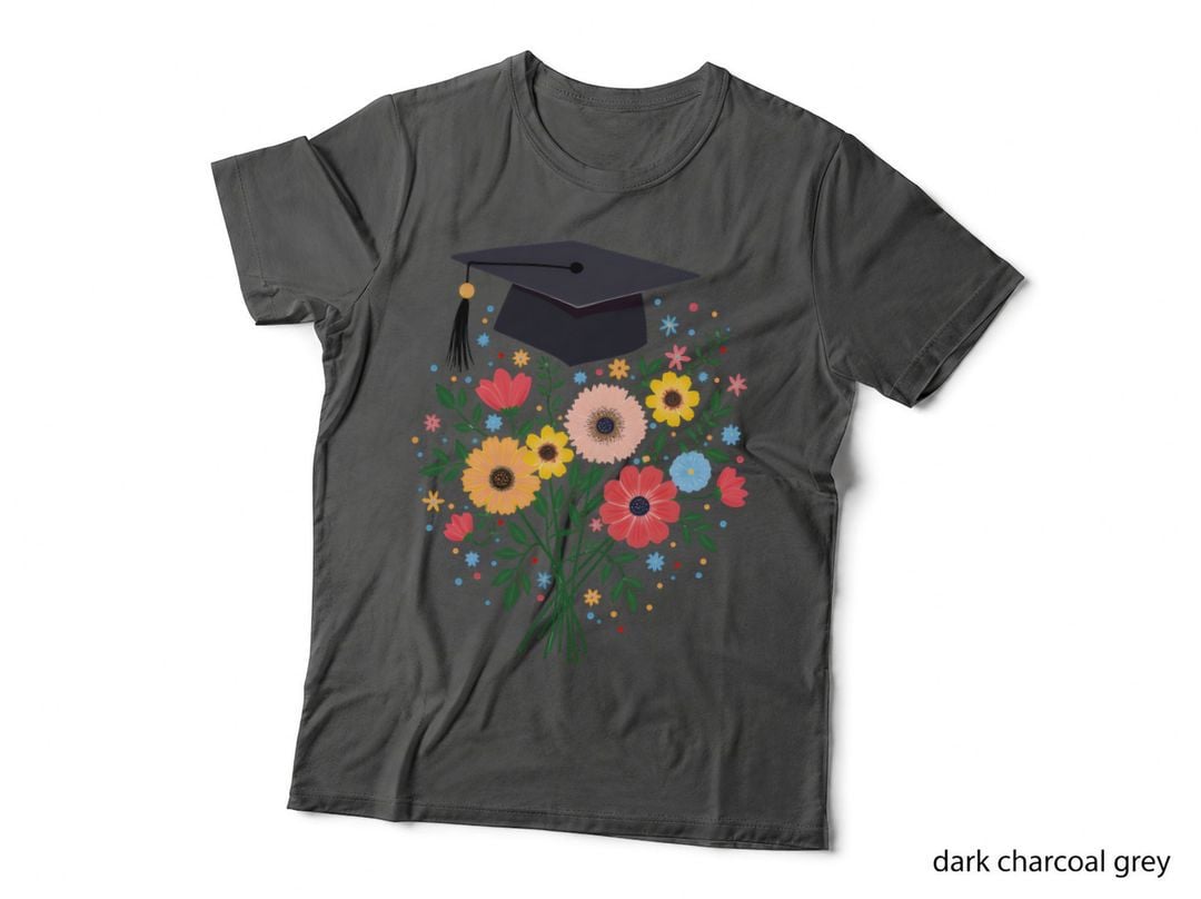 Graduation Cap Colorful Bouquet Yellow Pink Blue Blooms Green T-Shirt
