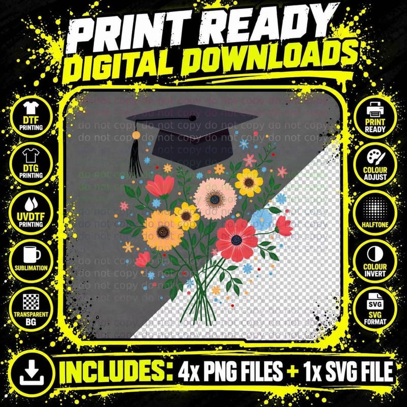 Graduation Cap Colorful Bouquet Yellow Pink Blue Blooms Png SVG Digital Bundle