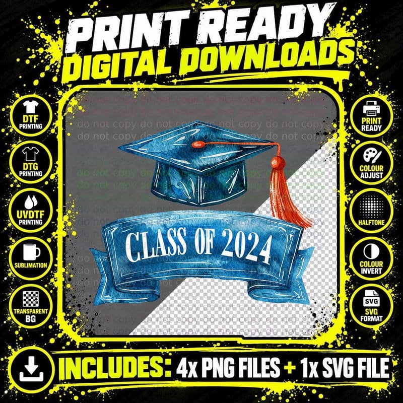 Iridescent Grad Cap Rainbow Splatter Graduation T-Shirt Png SVG Digital Bundle