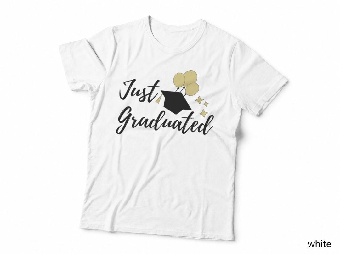 Just Graduated Graduation T-Shirt, Script Text Balloons Stars Grad Tee