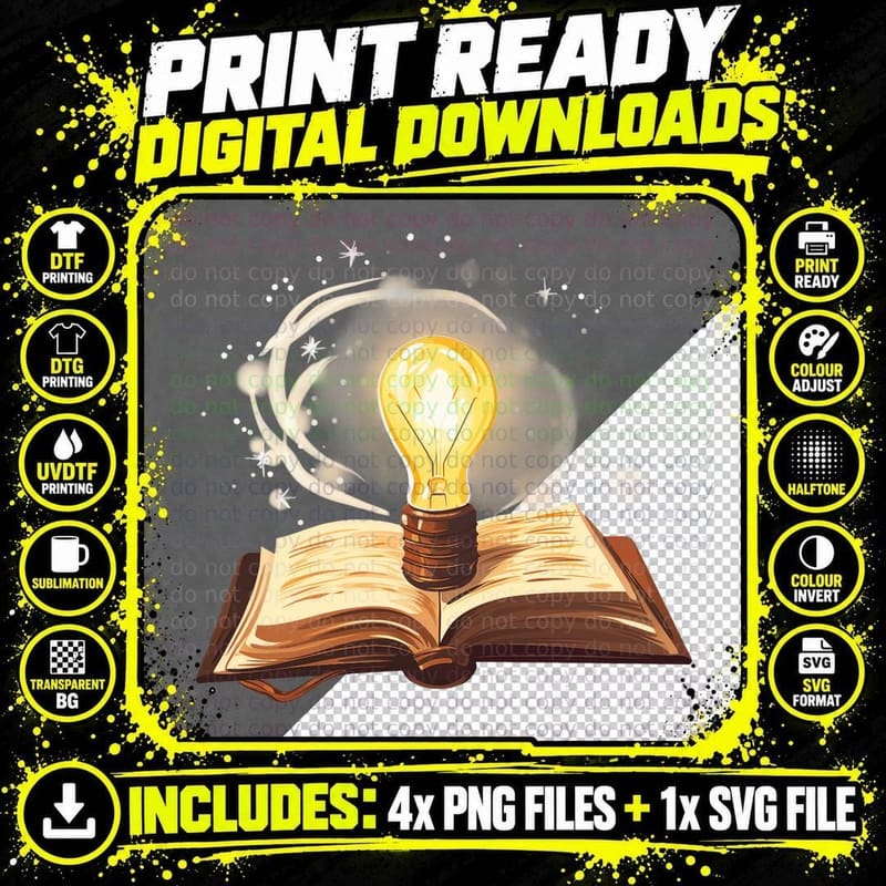 Lightbulb Book Magic Sparkles Stars Graduation T-Shirt Png SVG Digital Bundle