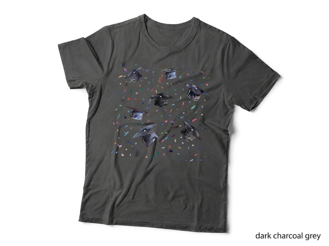 Multiple Caps and Colorful Confetti Graduation T-Shirt, Senior Grad Graphic Tee