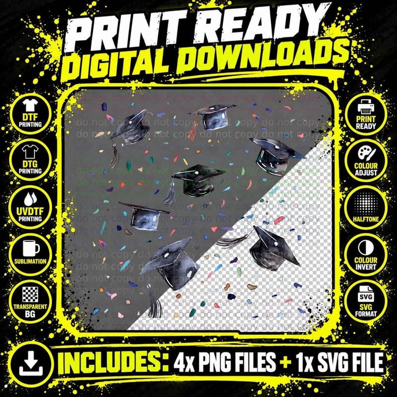 Multiple Caps and Colorful Confetti Graduation T-Shirt Png SVG Digital Bundle