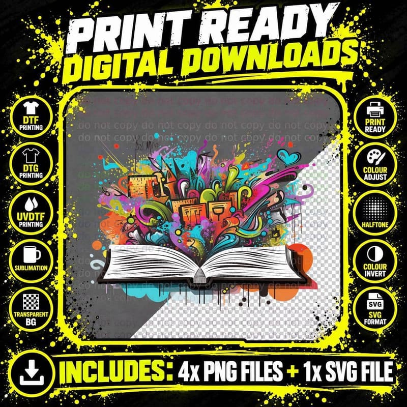 Open Book Graffiti Explosion Graduation T-Shirt Png SVG Digital Bundle