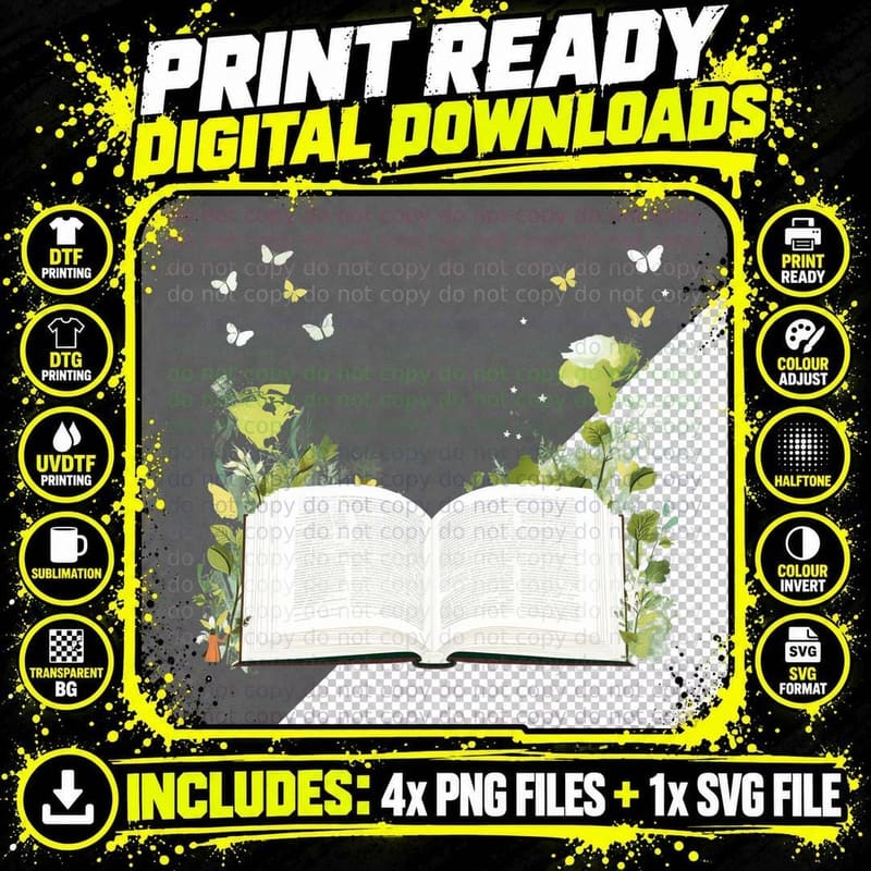 Open Book with Nature Butterflies Graduation T-Shirt Png SVG Digital Bundle