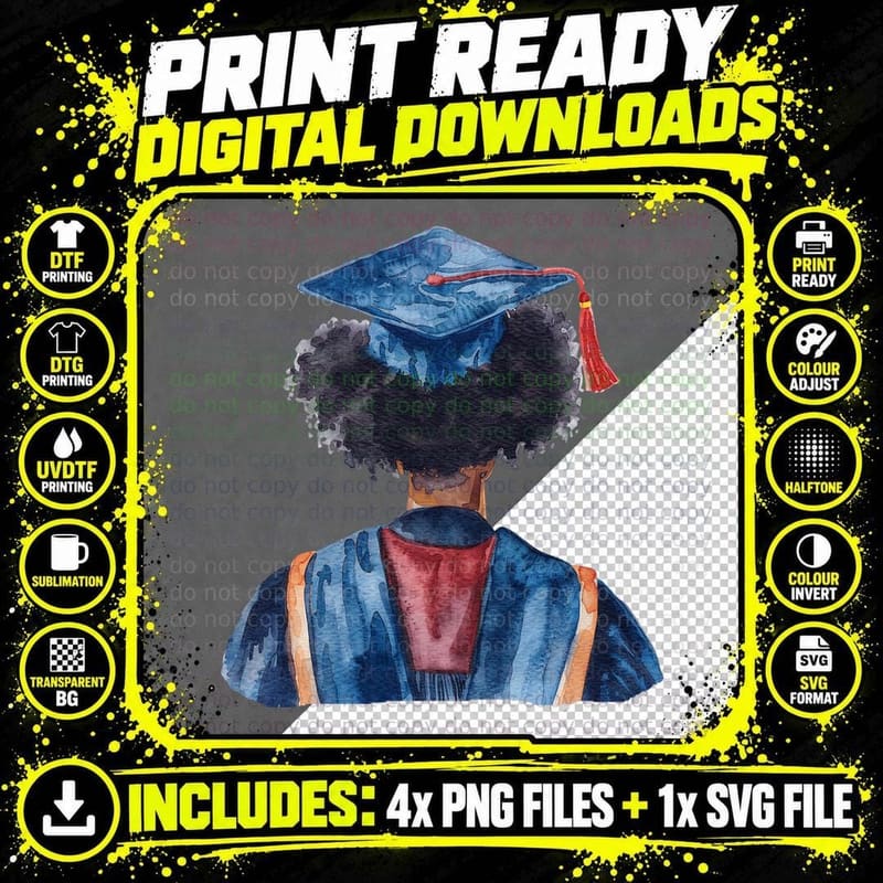 Person Back View with Afro Grad Graduation T-Shirt Png SVG Digital Bundle