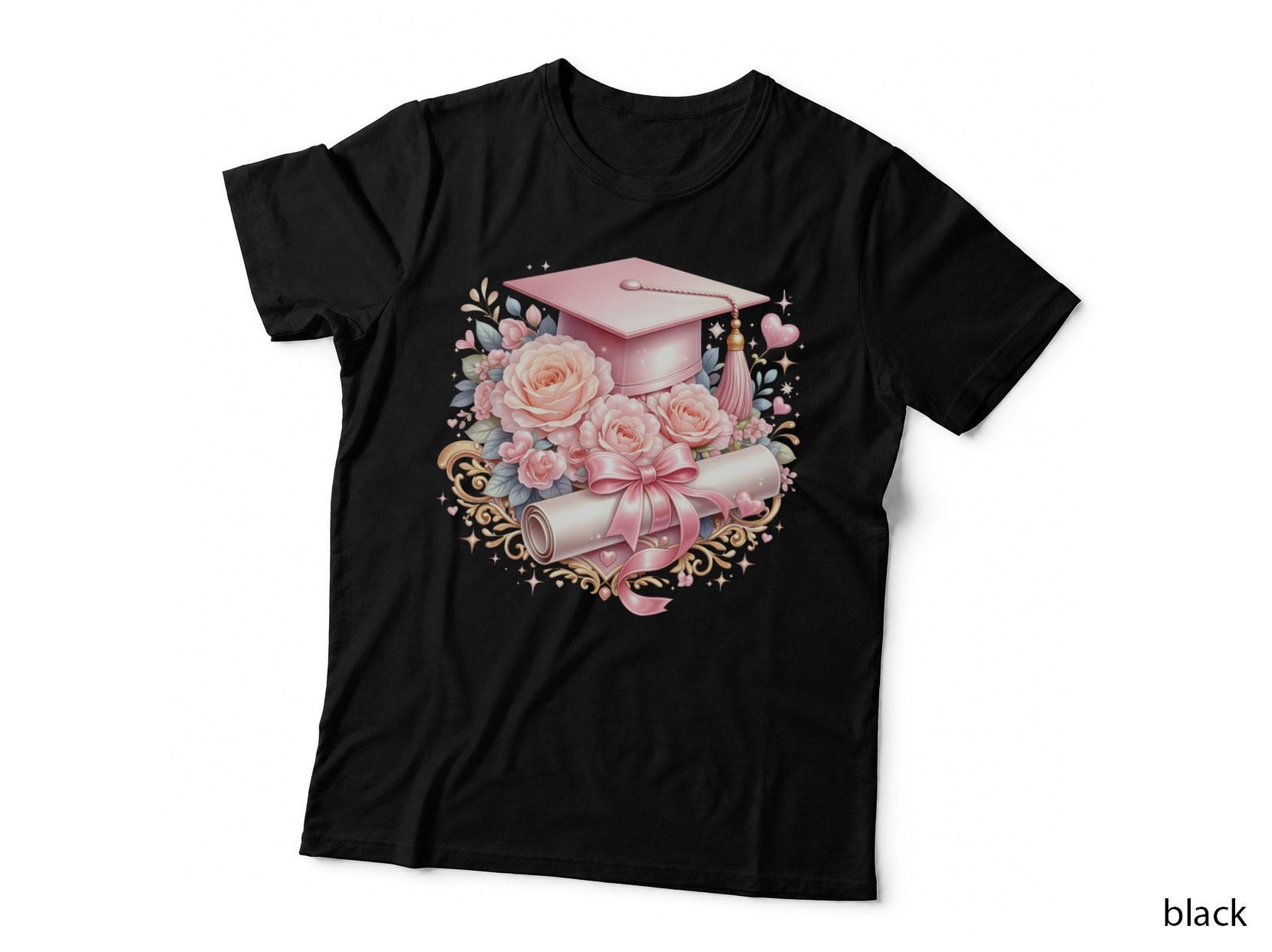 Pink Grad Cap Roses Diploma Gold Graduation T-Shirt, Senior Grad Graphic Tee