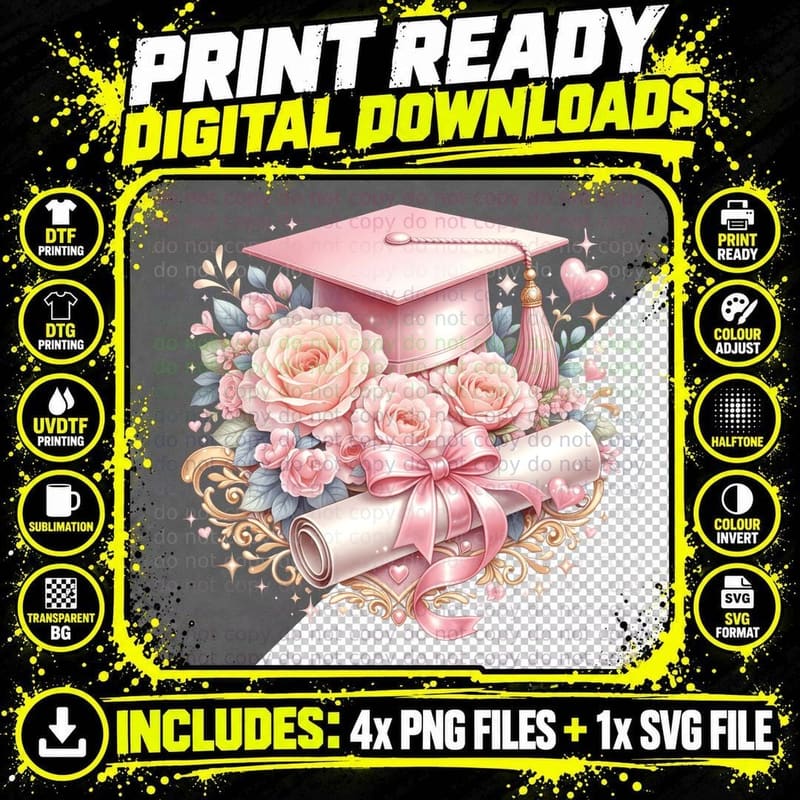 Pink Grad Cap Roses Diploma Gold Graduation T-Shirt Png SVG Digital Bundle
