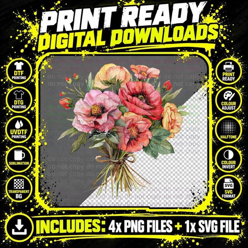 Poppy Ranunculus Bouquet Graduation T-Shirt Png SVG Digital Bundle