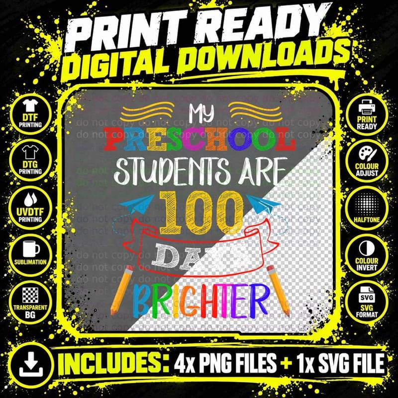 Preschool 100 Days Brighter T-Shirt, Celebration Theme Png SVG Digital Bundle