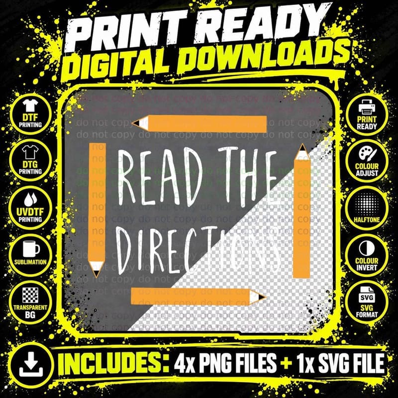 Read the Directions Teaching T-Shirt Png SVG Digital Bundle