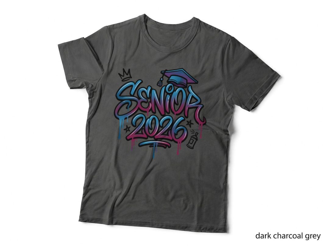 Senior 2026 Cl26 Graduation T-Shirt, Graffiti Blue-Pink Senior Crown Grad Tee
