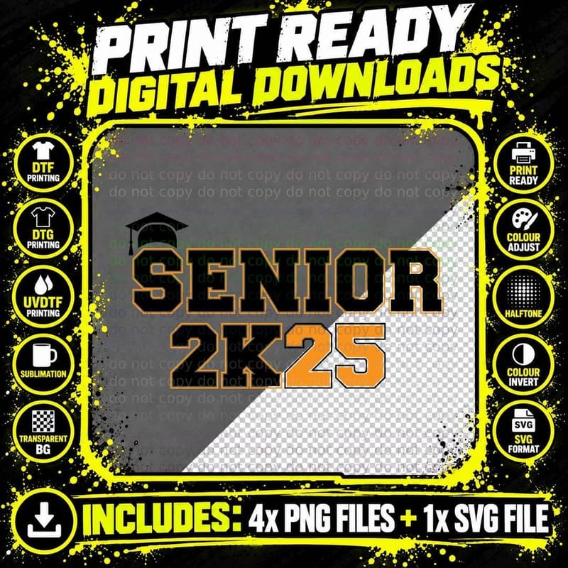 Senior 2k25 Graduation T-Shirt, Grad Cap in Orange and Png SVG Digital Bundle