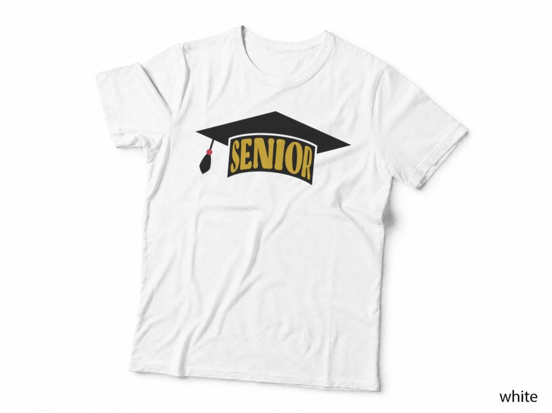 Senior Graduation T-Shirt, Grad Cap Yellow Banner Text Grad Tee