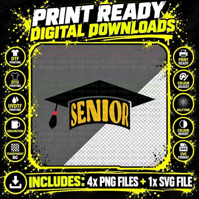 Senior Graduation T-Shirt, Grad Cap Yellow Banner Text Png SVG Digital Bundle